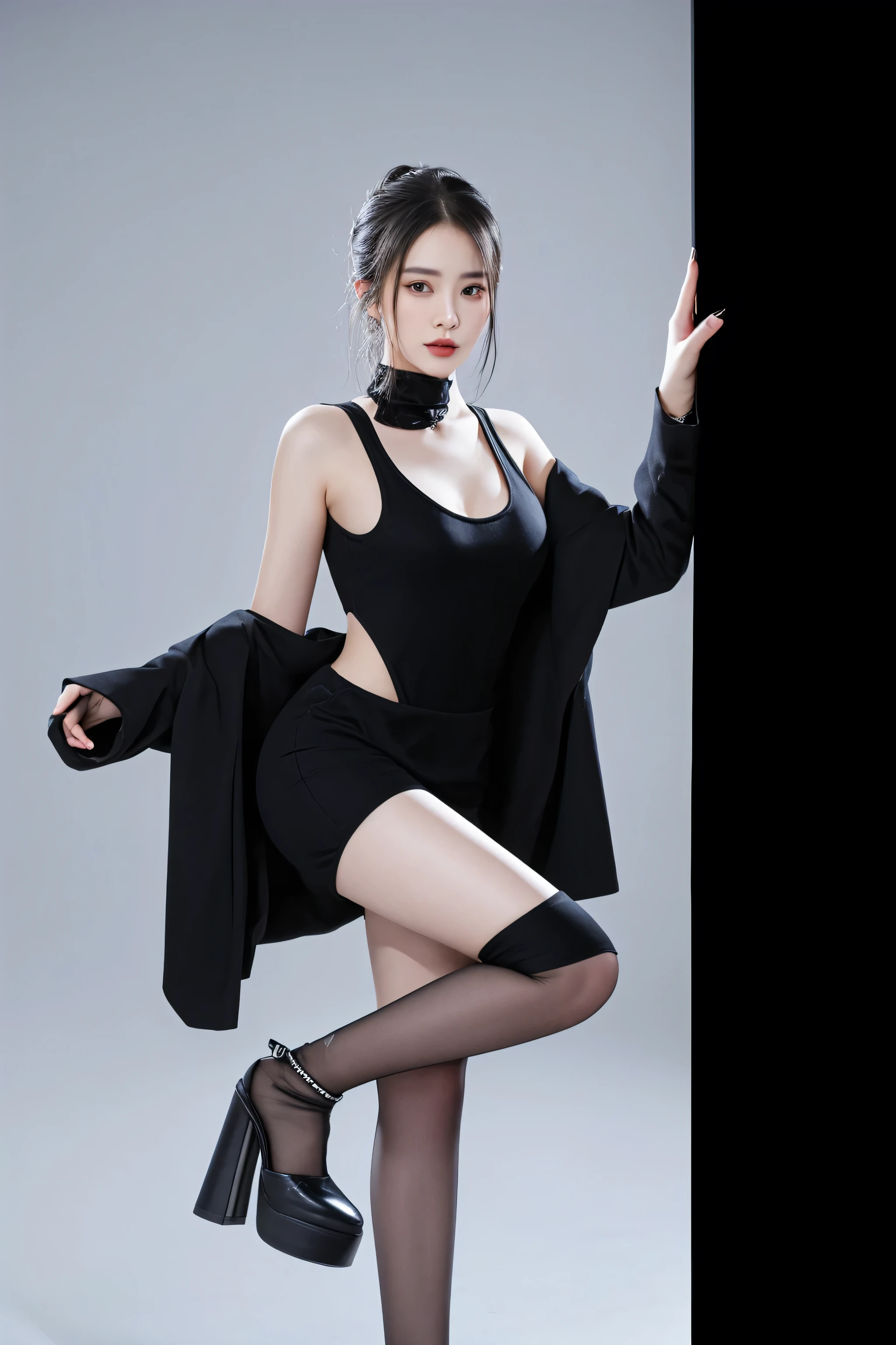 araffe woman in black dress and high heels posing for a picture, full body xianxia, wearing a black bodysuit, sexy look, full body photoshoot, skintight black clothes, sexy pose, solo photoshoot, sexy :8, wearing in black clothes, wearing black clothes, sexy style, jia, yun ling, high - end fashion photoshoot