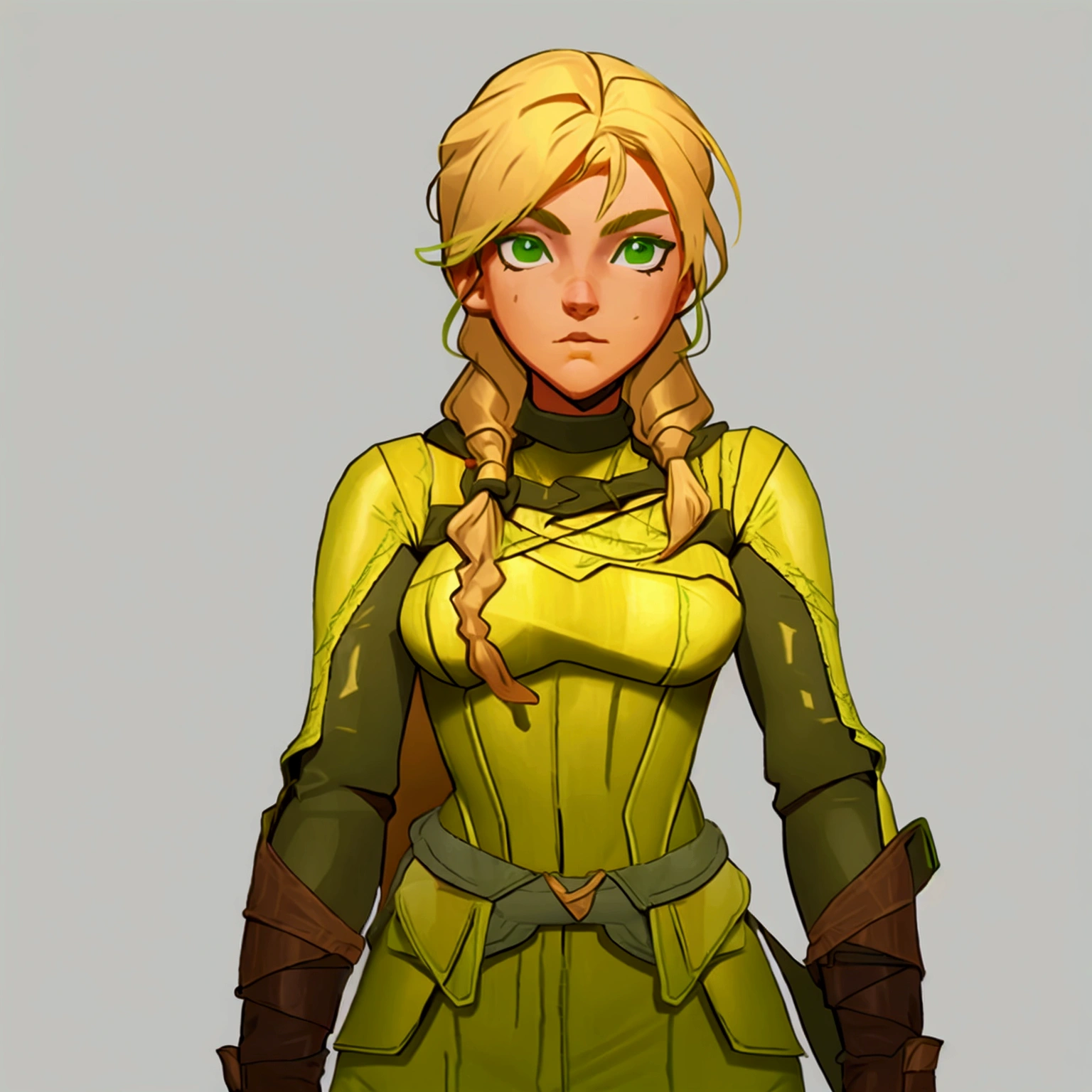 concept art, European and American comics, game character design, RPG Fantasy Game Characters, solo, 20-year-old European woman, (((blonde hair, golden hair))), long hair, braid (((Lime green fabric combat suit))),white background, Brown eyebrows ,holding a bow,black eye, Focused on the upper body, Make your face look bigger,((Draw only up to the waistline))), (((Zoom in so the face is clearly visible))), (((Focused on the upper body))), Lime green short-sleeved top, A cloak with a hood, Brown corset, Lime green gloves, Brown waist belt, The belt buckle is lime green, Short lime green skirt, holding a bow, Wearing a quiver, white background