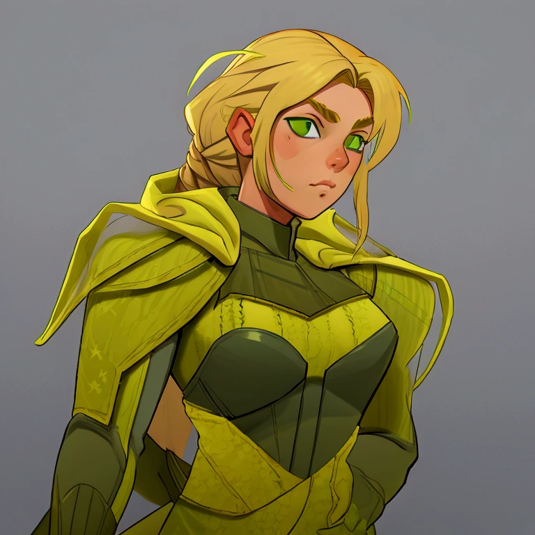 concept art, European and American comics, game character design, RPG Fantasy Game Characters, solo, 20-year-old European woman, (((blonde hair, golden hair))), long hair, braid (((Lime green fabric combat suit))),white background, Brown eyebrows ,holding a bow,black eye, Focused on the upper body, Make your face look bigger,((Draw only up to the waistline))), (((Zoom in so the face is clearly visible))), (((Focused on the upper body))), Lime green short-sleeved top, A cloak with a hood, Brown corset, Lime green gloves, Brown waist belt, The belt buckle is lime green, Short lime green skirt, holding a bow, Wearing a quiver, white background