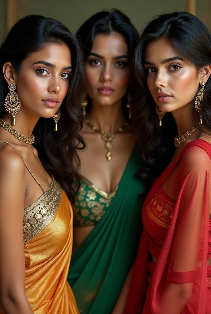 4k, 8k, masterpiece, best quality, looking at viewer, three indian hot women, fair skin tone, seductive expression on the face of all women, one is 18 years old wearing a seductive golden sari, second is 22 years old wearing seductive green sari, third is 26 years old wearing a seductive red sari