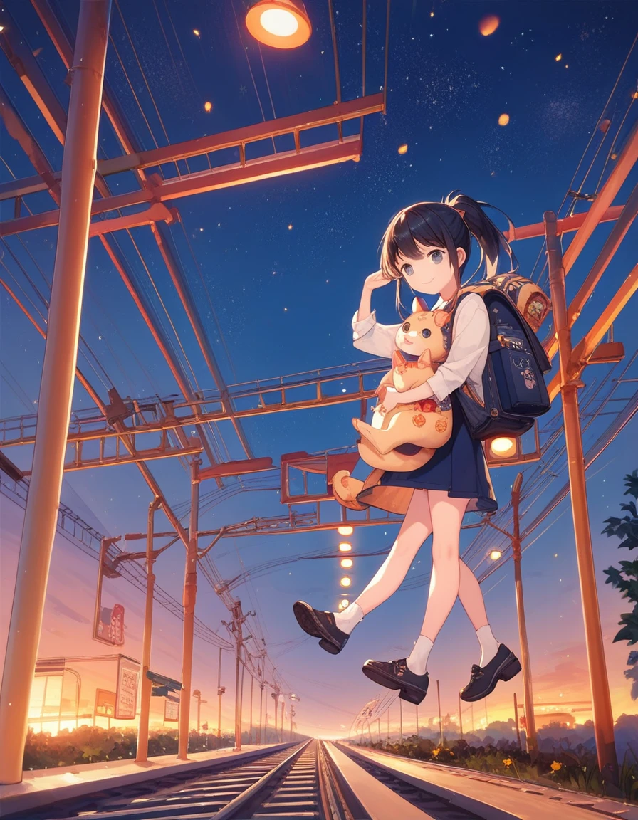 masterpiece, best quality, extremely detailed, anime,Girl, black hair, ponytail, carrying a large backpack, greeting with one hand raised, smiling, late at night, starry sky, railroad crossing,