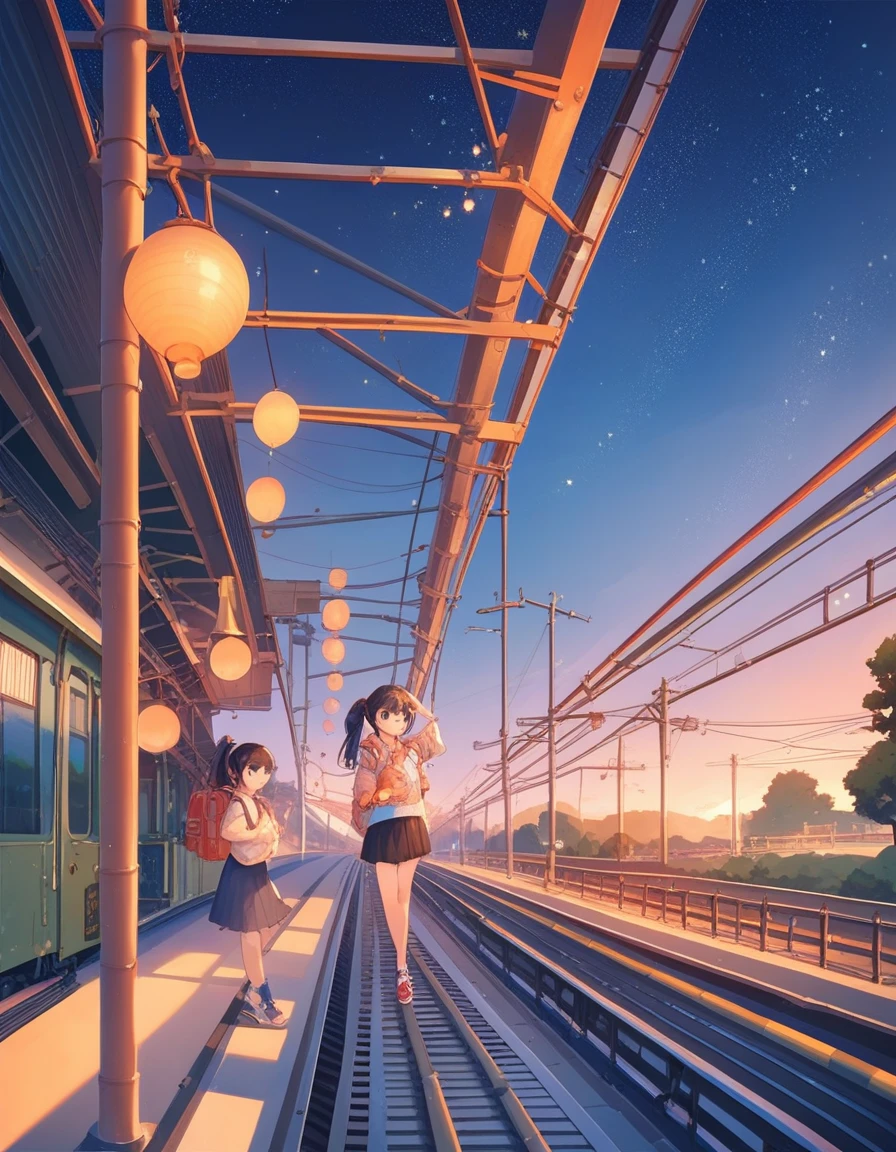 masterpiece, best quality, extremely detailed, anime,Girl, black hair, ponytail, carrying a large backpack, greeting with one hand raised, smiling, late at night, starry sky, railroad crossing,
