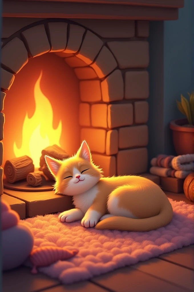 I can’t create images or illustrations directly, but I can help you plan out a great 2D animation-style illustration of your pet! Here’s a simple guide to visualize:

1. **Background**: Draw a cozy, warm setting with a crackling fireplace. Include a few details like a comfy rug or a basket.

2. **Pet’s Position**: Illustrate your pet curled up or stretched out in its favorite spot. If it's a cat, it might be in a cozy, circular position; if it’s a dog, perhaps it’s sprawled out comfortably.

3. **Details**: Add subtle details to emphasize warmth, like soft, wavy lines or a glowing effect around the fire.

4. **Color Palette**: Use warm, soothing colors for the fire and cooler tones for the pet to highlight the contrast.

If you describe your pet and its favorite spot in more detail, I can give more specific advice!