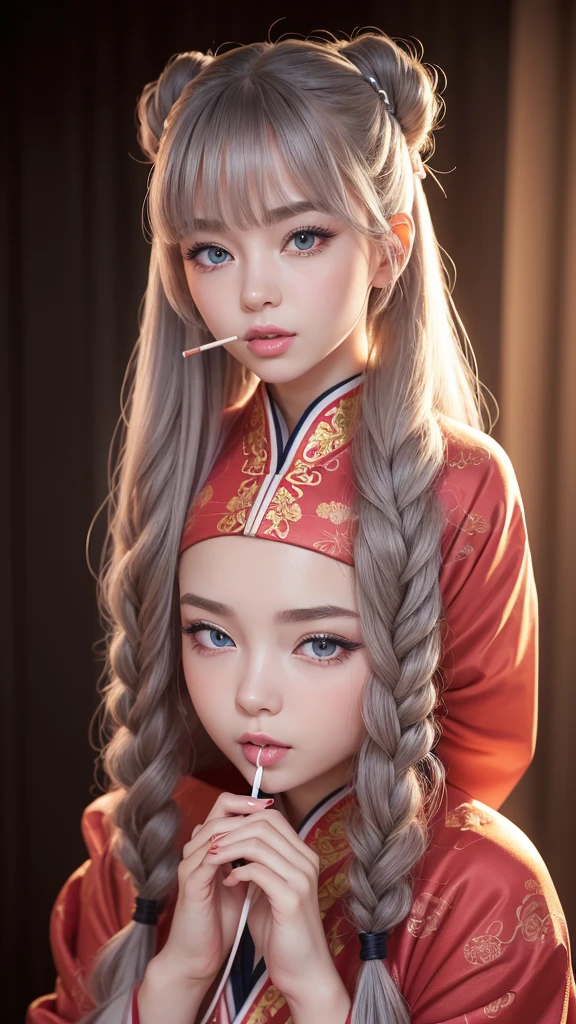 (A beautiful girl wearing a red traditional Chinese costume, seductively licking a lollipop, wearing headphones in a recording studio, posting cute poses on social media.) (This beautiful girl is , 18% Japanese, 26% French, 56% Ukrainian, 178 cm tall, small bust but stylish, with a beautifully balanced figure.) (Her hair is very long, pinkish gray, tied in twin tails with black ribbons, curling in a spiral towards the end.) (Her eyebrows are the same color as her hair, thin, slightly thick, short, and her eyelashes are long.) (Her big blue eyes reflect the light of the lighting and are amazingly beautiful like pearls.) (Her nose is high like an Englishman, her lips are plump and kissable, her skin is translucent white, and the proportions of her head and face are traditional Japanese.) Aesthetics. The number of fingers is also noteworthy, not too many or too few, and even the tips of her nails are very delicately expressed. (Single, Masterpiece, Ultra-detailed, Highest quality, Artistic composition, Ultra-accurate, Realistic, Photorealistic, High resolution, Dynamic lighting effects, Consider the proportions of the whole composition, Ultra-realistic). Try to highlight facial expressions and appearance. Try your best to meet all these criteria.