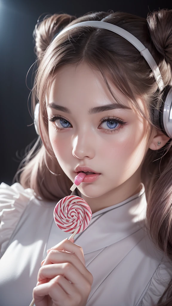 (A beautiful girl wearing a red traditional Chinese costume, seductively licking a lollipop, wearing headphones in a recording studio, posting cute poses on social media.) (This beautiful girl is , 18% Japanese, 26% French, 56% Ukrainian, 178 cm tall, small bust but stylish, with a beautifully balanced figure.) (Her hair is very long, pinkish gray, tied in twin tails with black ribbons, curling in a spiral towards the end.) (Her eyebrows are the same color as her hair, thin, slightly thick, short, and her eyelashes are long.) (Her big blue eyes reflect the light of the lighting and are amazingly beautiful like pearls.) (Her nose is high like an Englishman, her lips are plump and kissable, her skin is translucent white, and the proportions of her head and face are traditional Japanese.) Aesthetics. The number of fingers is also noteworthy, not too many or too few, and even the tips of her nails are very delicately expressed. (Single, Masterpiece, Ultra-detailed, Highest quality, Artistic composition, Ultra-accurate, Realistic, Photorealistic, High resolution, Dynamic lighting effects, Consider the proportions of the whole composition, Ultra-realistic). Try to highlight facial expressions and appearance. Try your best to meet all these criteria.