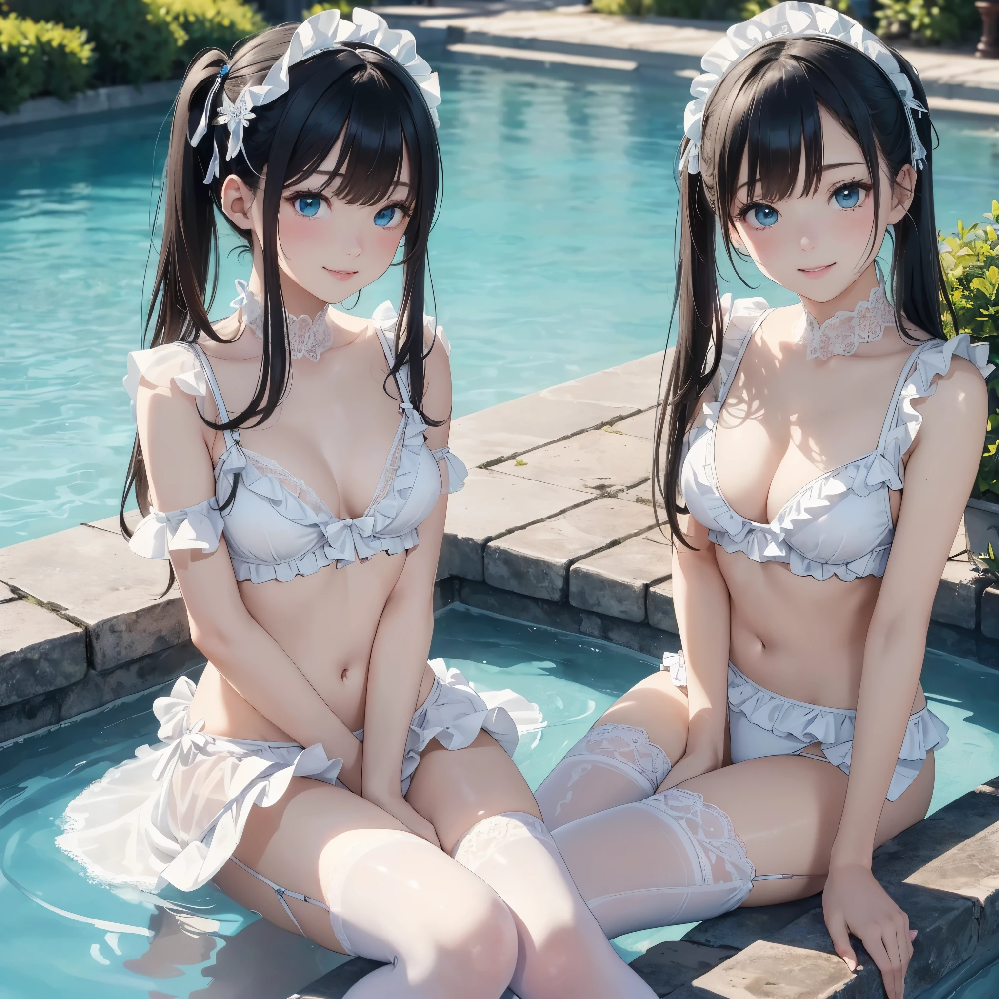 ((masterpiece)), ((highest quality、Ultra high definition)), (Very detailed),8k、Photo quality、((Amazingly cute girl))、(,)、Two people, , (Beautiful emerald blue eyes), ((smile)),In the open-air bath overlooking the sea, Beautifully arranged black hair in twin tails、Slim Body、(Cute little breasts)、((A very cute white bikini swimsuit with lots of lace and frills.))、Professional Lighting、(White lace knee-highore detailed and beautiful)、(More details and cutenesore realistic)、((Just wear light clothing))、Frolic in the pool、(Too cute)、(The embodiment of cuteness)、(Godly cuteness)、((At dusk))、