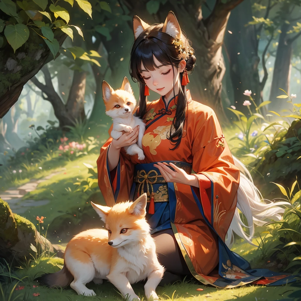 A baby fox and its beautiful mother, dressed in ancient Chinese clothing, are playing in a cave in the forest