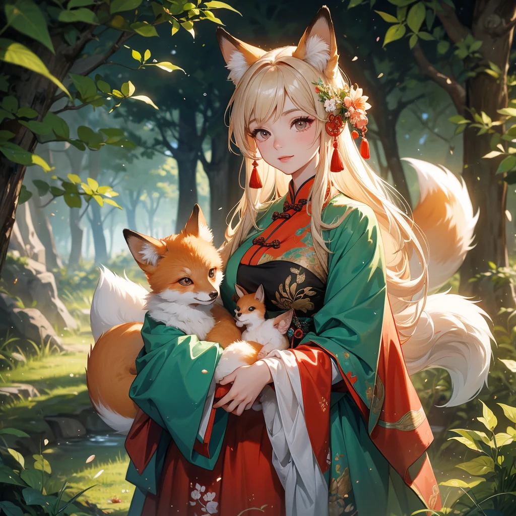 A baby fox and its beautiful mother, dressed in ancient Chinese clothing, are playing in a cave in the forest