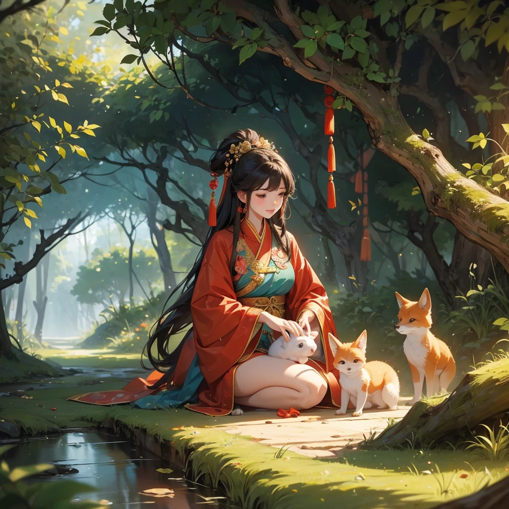 A baby fox and its beautiful mother, dressed in ancient Chinese clothing, are playing in a cave in the forest