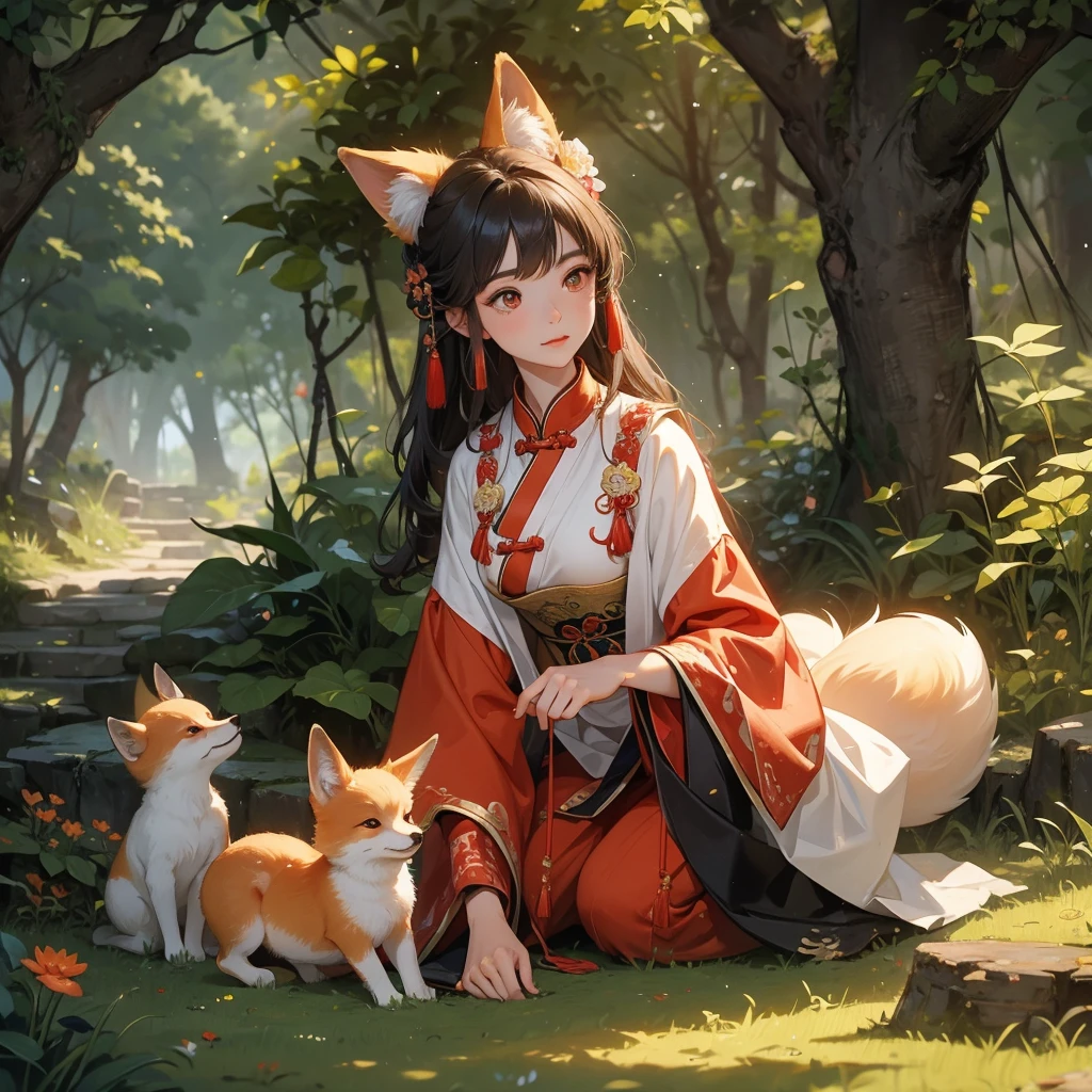 A baby fox and its beautiful mother, dressed in ancient Chinese clothing, are playing in a cave in the forest