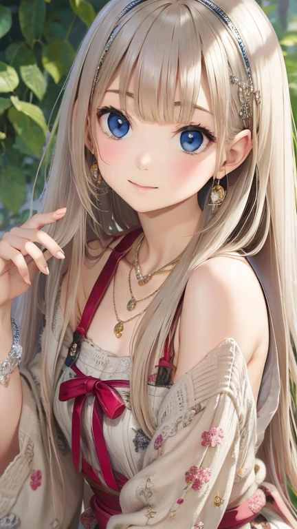 ((Detailed face, Cute Face)), (彼女は白い刺繍の入った長いスカートをyesている, Red blouse with lace, A white apron is tied around her waist, Blue socks, Brown leather shoes, She has a blue scarf wrapped around her head. yes, Her accessories include necklaces., Earrings, bracelet. 1 person)), Ultra-high resolution, (Realistic: 1.4), RAW Photos, Highest quality, (PhotoRealistic Stick), concentrated, Soft Light, (()), ((Shiny platinum blonde silky super long straight hair, beautiful shiny bangs, Big clear sky blue eyes, Very beautiful bright eye highlights )), (( (Young Face))), (surface), (Depth of written boundary), masterpiece, (Realistic), woman, bangs, ((1 person))