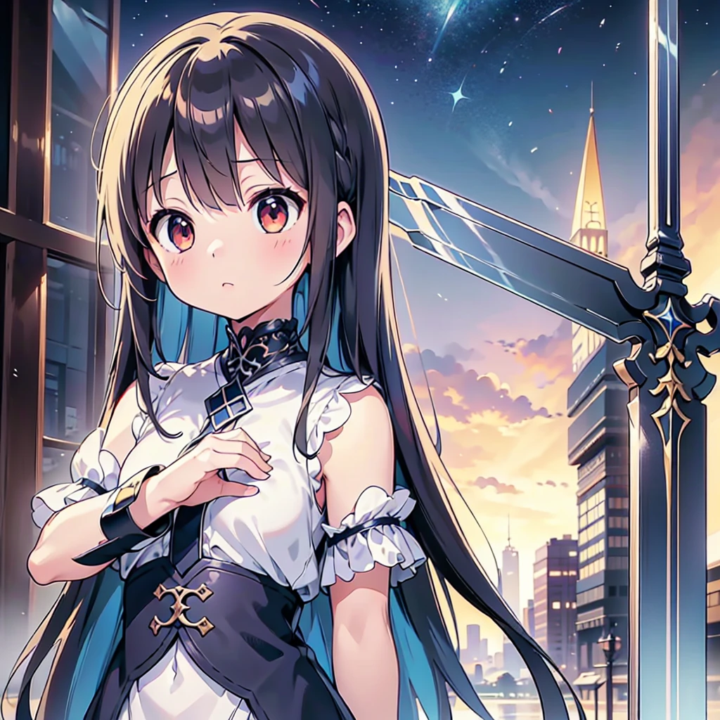 1girl,Super detailedな顔、Delicate hair、Masterpieces of art、(((Perfect Anatomy、Highest quality、Masterpiece、Official Art、Super detailed、Delicate lines、Dynamic composition、X Composition、S composition、Triangular composition、Square Composition)))、Dark fantasy heroine、Fantasy、Anime Style、Original hairstyle、Original clothing、Neon Color Palette、Absurd、Holding a giant sword with both hands、