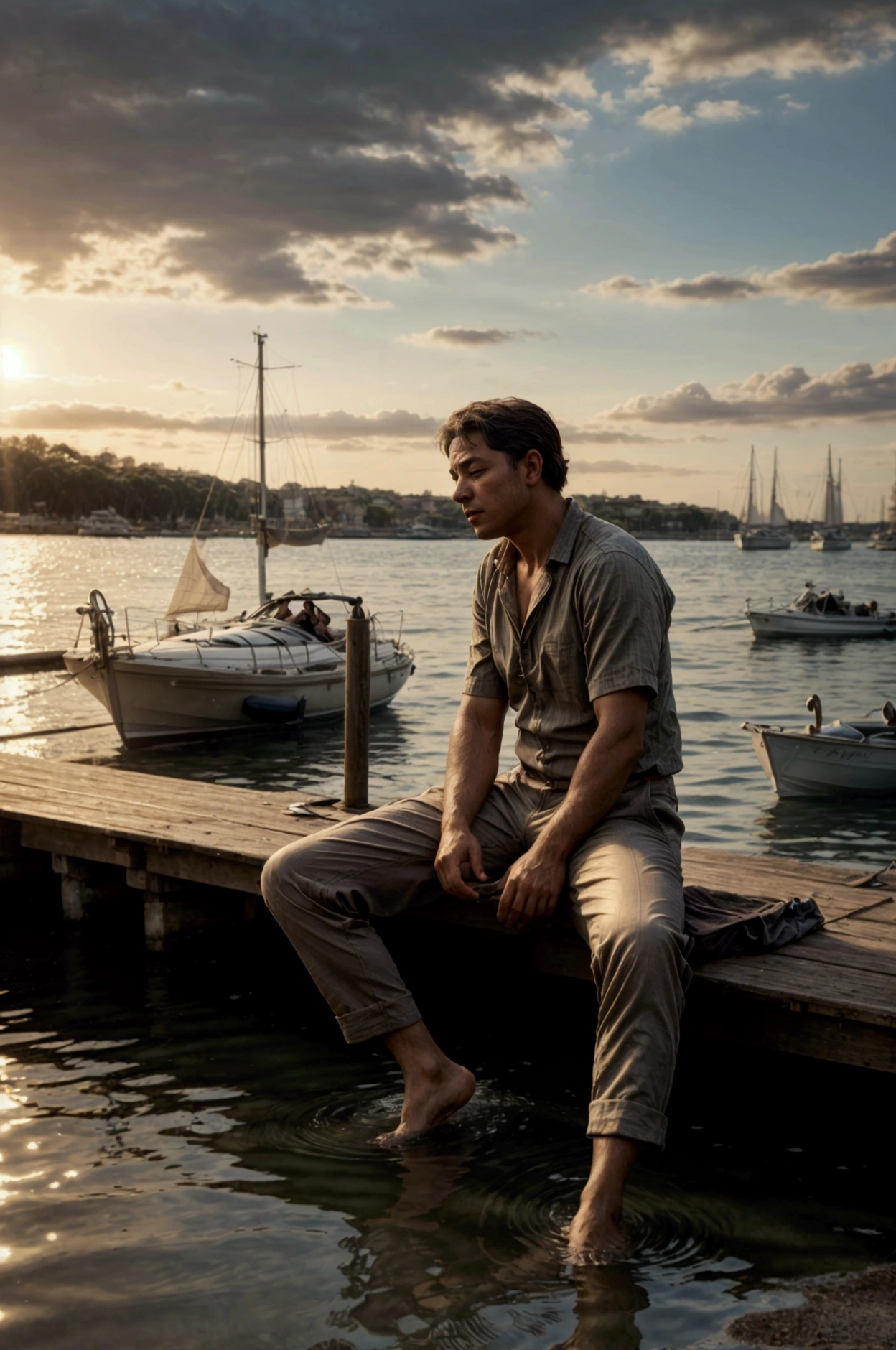 A tranquil Pino Daeni-inspired scene: A contemplative mature male figure sits on a weathered wooden bridge, his feet submerged in the gentle lapping of the water's edge. His bare muscular torso and rolled-up trousers evoke a sense of relaxed confidence. The sailing marina unfolds in the background, with boats moored like tiny islands, as seagulls soar overhead against a brilliant summer sky. Warm sunlight casts dramatic shadows, creating a captivating chiaroscuro effect.