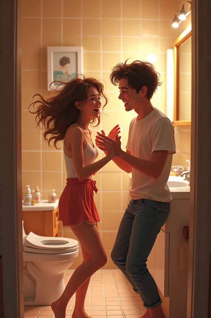 Singing girl and dancing her boyfriend in the toilet