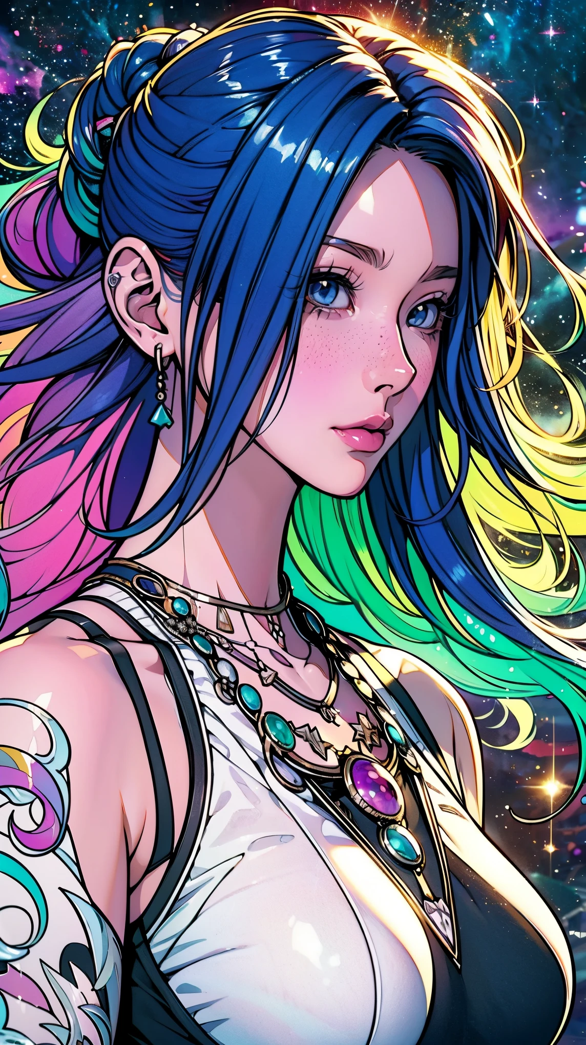 Close-up of a woman with colorful hair and necklace, Space-like hair anime, Soft vitality of Ross Dres, Gubes-inspired artwork, Fantasy art style, colorful], Vivid fantasy style, Ross draws vibrant cartoons, universe and colorful, Gwaiz, colorful digital fantasy art, Great art style, Beautiful anime style, White skin, hulk clothes