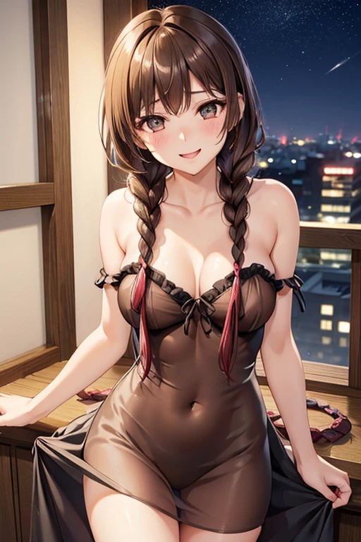 Yuno Shimazu、Shiny brown hair,Long Hair,  、((2 braids:1.5、Hair that falls over the shoulders)),Beautiful brown eyes、Sparkling eyes, Fine grain、smile、Ultra-detailed eyes、Highly detailed face, Highly detailed eyes,Cowboy Shot、


woman,20-year-old,, venue,night,(((Sexy silk dresses))),,Laughing with your mouth open(()),(()),blush、,((())),(See through)Reflecting the buttocks