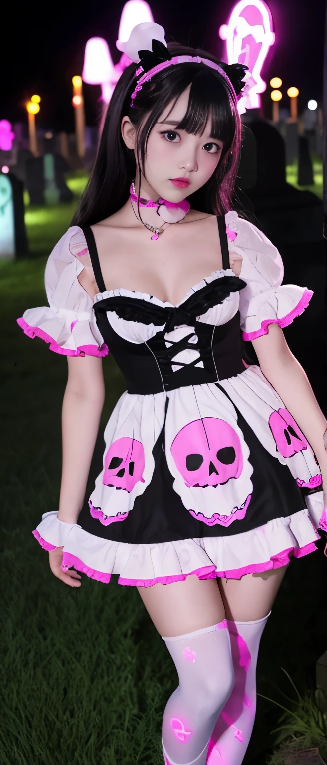 Cute idol girl、whole body、Good style、、、、、、、、、、Thick legs、Skull-covered Ghost Dress(Fluorescent pink and black)、Cool girl face、、、A graveyard glowing at night、Skeletons are dancing