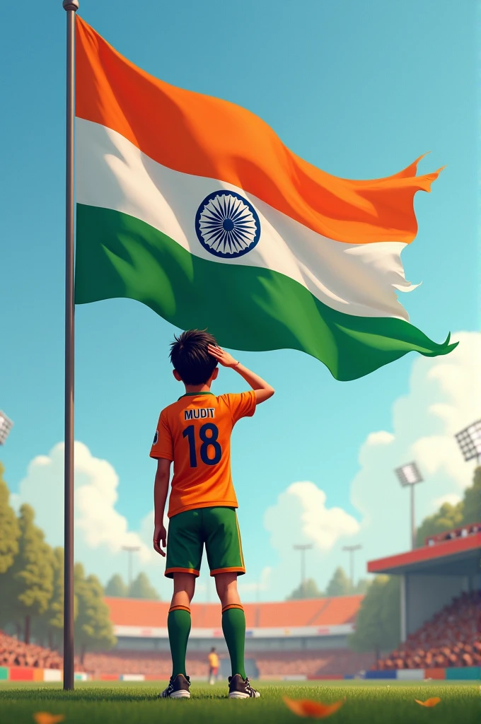 Make a image of a boy with saluting indian flag and jersy no 18 and name mudit
