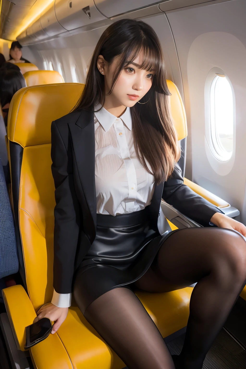 (suit, Tight Skirt, Ultra-realistic pantyhose:1.3), Sexy Woman、flare skirt、Ukrainian、Ukrainian Goddess、Incredible beauty、Wearing surreal pantyhose、sit cross-legged on an airplane..........、Laughter、High heels、game＿Tekkâ、 (English) (English) (English) (English) (English) (English) (English) (English) (English) (English) (English), masterpiece, 最high quality, The reality of light, RAW Photos、8k, High resolution, Detailed Skin, 8k, Ultra HD, Digital single-lens reflex camera, Soft lighting, high quality, Film Grain, Fujifilm XT3, Realistic skin texture、Glossy Skin、Exposing thighs!!! thighhighs,