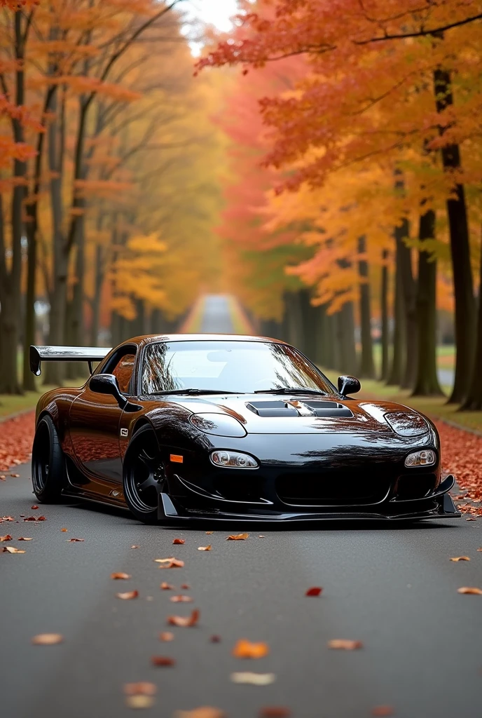The best high quality real photo Image features a highly modified clean sheet jdm orange sports car, likely a Mazda RX-7, parked on a paved road surrounded by autumn foliage. The car has a sleek, aerodynamic design with a prominent black front splitter, side skirts,. The headlights are distinctive, with one covered and the other exposed, and clean sheet stance car sits on black multi-spoke wheels, wide wheel camber low coilover suspension. The background showcases tall trees with leaves in shades of orange, red, and yellow, indicating a fall setting. The lighting is natural, with sunlight filtering through the trees, casting shadows on the car and the road.