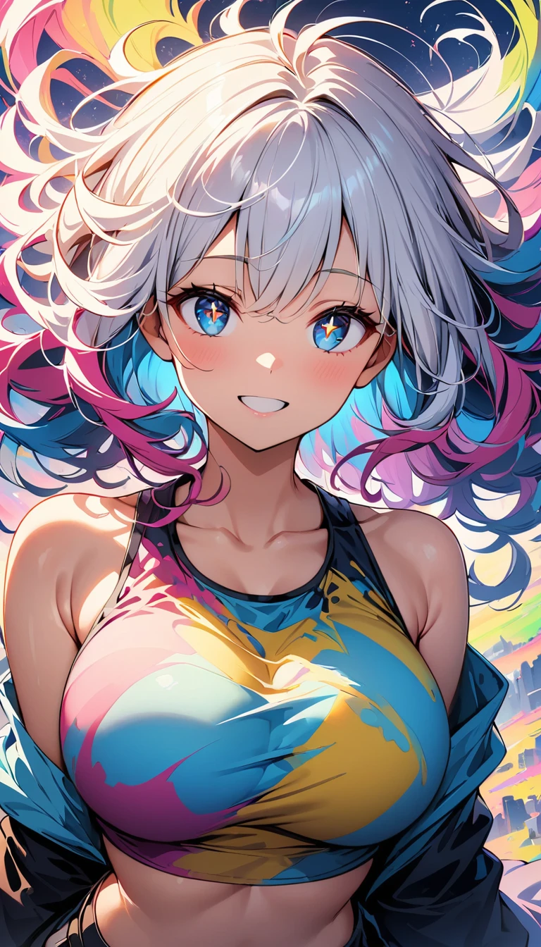 (high quality, 8k, 4k, high contrast, masterpiece:1.2, Best Quality, better aesthetics), (dynamic angle), ((floating, smart)), alone,1 female, ((big_chest)), (((detailed face))), ((beautiful and detailed face)), neck, bare shoulders, silver hair, Colorful crop tops, ((colorful hair)),((striped hair)), (messy hair, by the wide), detailed and beautiful eyes, (star-shaped pupil, +_+, Pupil in the form of a symbol., sparkling eyes), (open the mouth, smile), (((colorful background, ink splash:1.2))), (high color saturation), Surrounded by touches of color:1.3, Surrounded by colored dots, colorful bubble, bright,