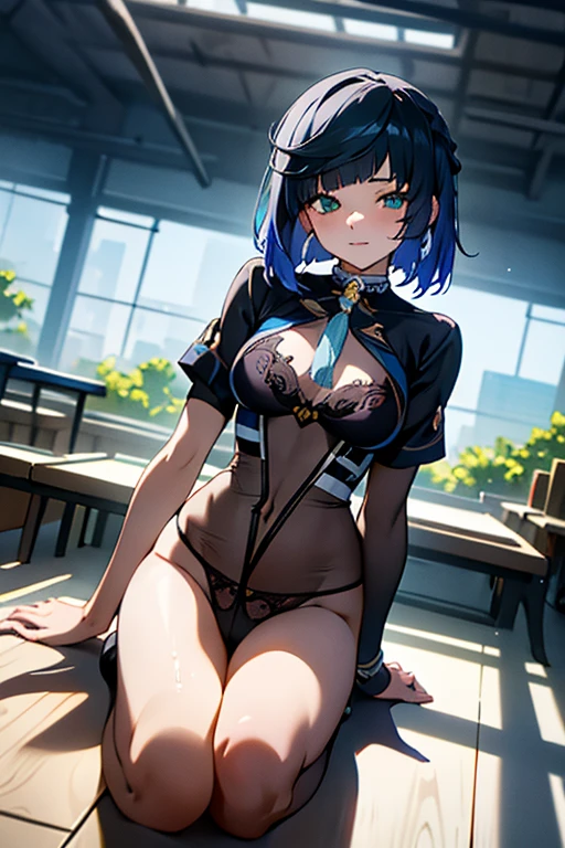 masterpiece, high quality anime, Yelan sits on a desk with one leg on the desk and the other on the floor, forcing the subjugated enemy to kneel, showing off the crotch of her black see-through panties and her beautiful wet labia and pussy underneath, In a warehouse, on a cloudy day.