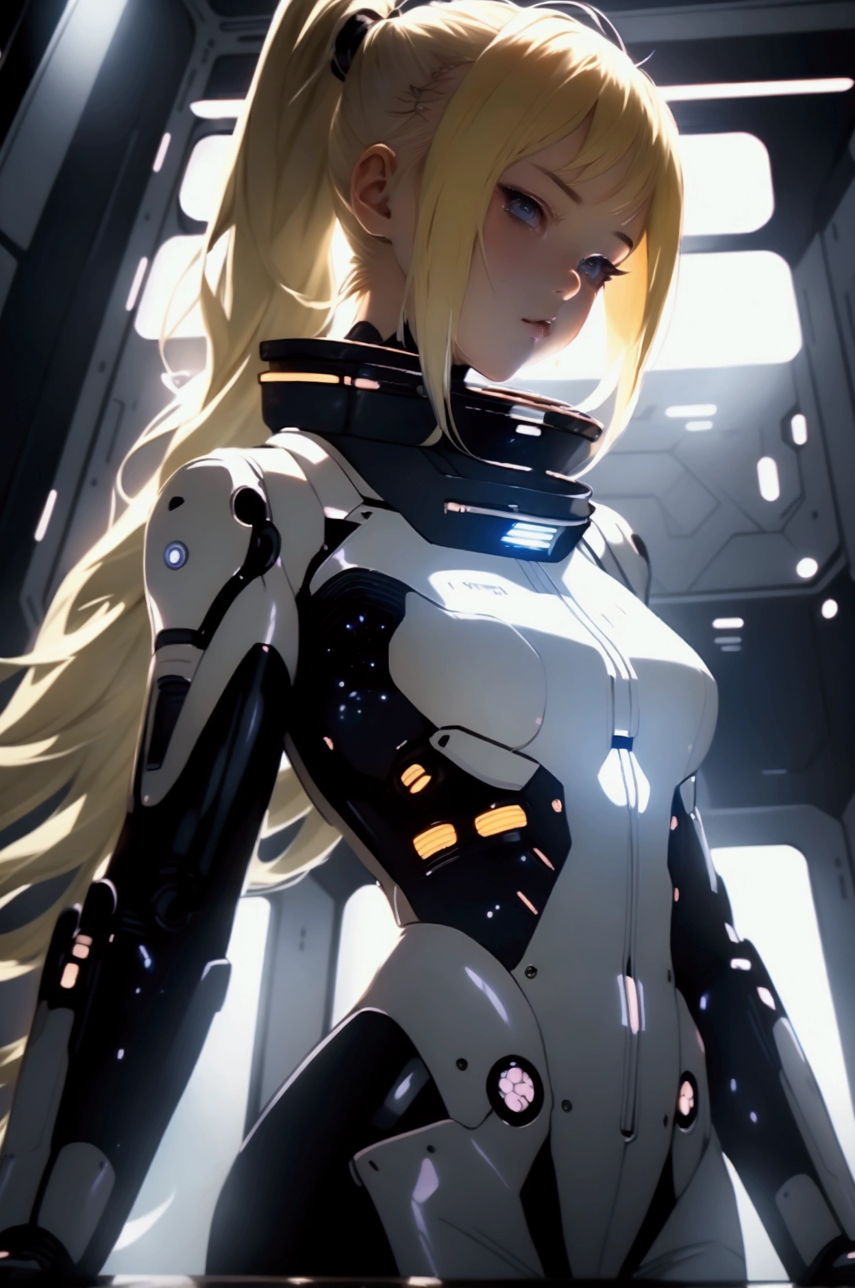 anime girl with blonde (ponytail hairstyle), hair sticking out on the sides, looking at the viewer, full-length pose, (sci-fi space station room), cyberpunk, cute, soft atmospheric lighting, (dimmed), futuristic details in background, high-quality illustration, captivating and mystical atmosphere, colorful stars visible through window, intricate interior design, ultra-detailed, stylish and elegant demeanor, inviting yet mysterious expression.