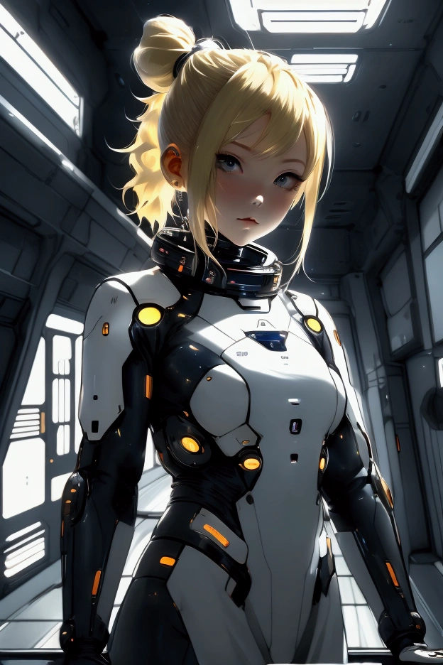 anime girl with blonde (ponytail hairstyle), hair sticking out on the sides, looking at the viewer, full-length pose, (sci-fi space station room), cyberpunk, cute, soft atmospheric lighting, (dimmed), futuristic details in background, high-quality illustration, captivating and mystical atmosphere, colorful stars visible through window, intricate interior design, ultra-detailed, stylish and elegant demeanor, inviting yet mysterious expression.