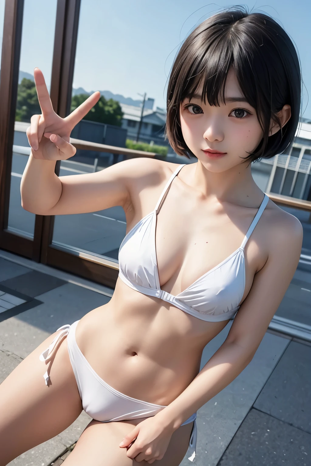 Japanese Elementary school student appearance Huge muscles Flat Chest Open your legs while standing Both hands are making peace signs next to the face Swimwear cute Small face Very short hair Shortcuts Beautifully split abs