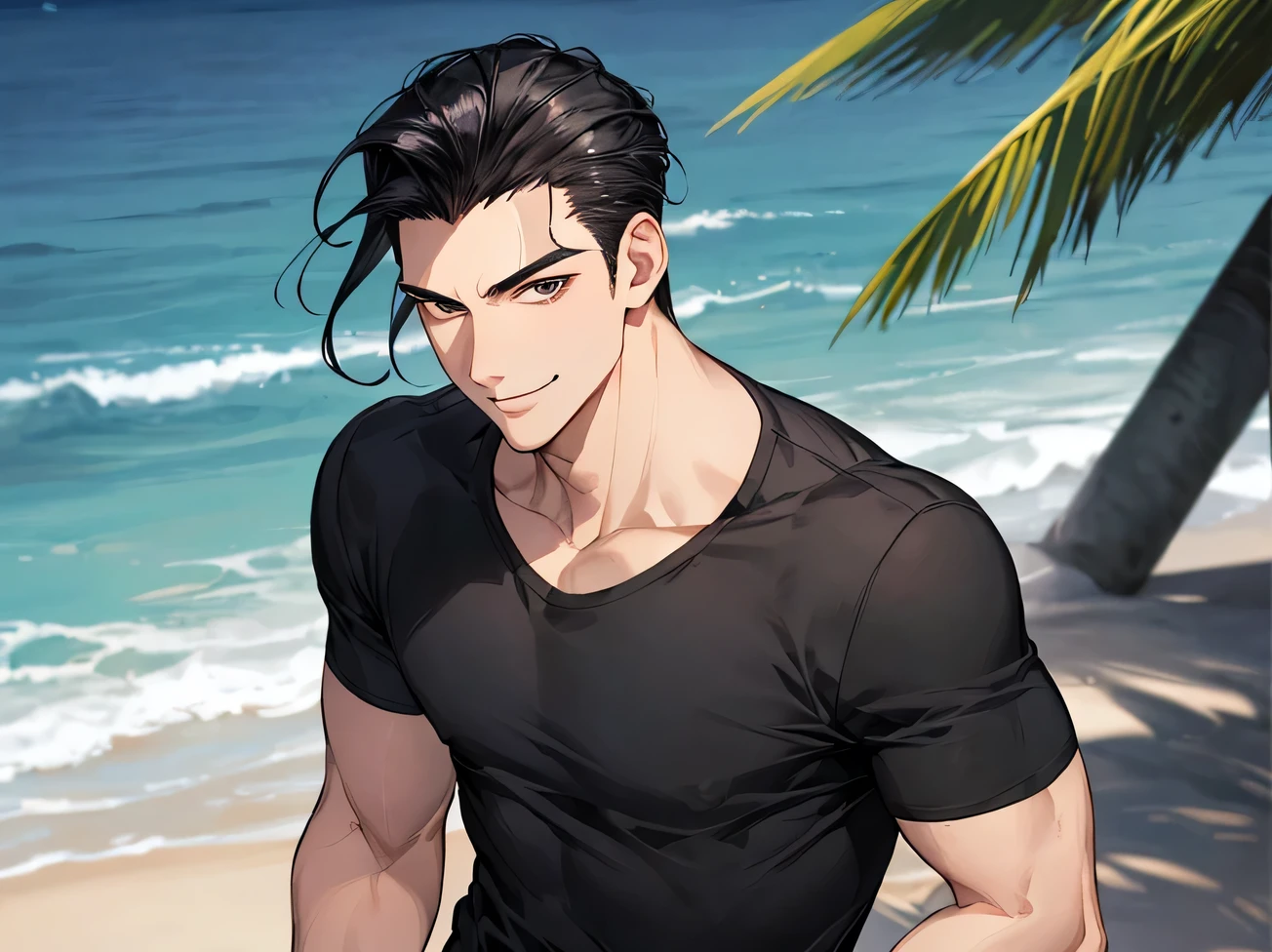 stall,Working Adults.,male,good looking,Cool vibe,I,Black-haired,Raking up,hair slicked back,,Viewer Perspective,Upper Body,Face close-up,Excited,Slim and muscular,smile,Stylish clothes,A tight black T-shirt,Background sea,Beach,(stall),stall