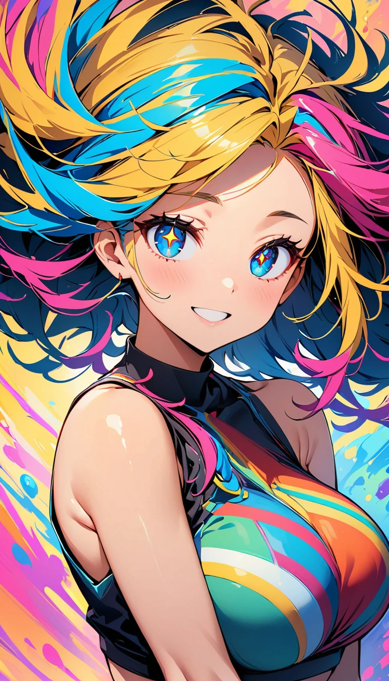 (high quality, 8k, 4k, high contrast, masterpiece:1.2, Best Quality, better aesthetics), (dynamic angle), ((floating, smart)), alone,1 female, ((big_chest)), (((detailed face))), ((beautiful and detailed face)), neck, bare shoulders, silver hair, Colorful crop tops, ((colorful hair)),((striped hair)), (messy hair, by the wide), detailed and beautiful eyes, (star-shaped pupil, +_+, Pupil in the form of a symbol., sparkling eyes), (open the mouth, smile), (((colorful background, ink splash:1.2))), (high color saturation), Surrounded by touches of color:1.3, Surrounded by colored dots, colorful bubble, bright,