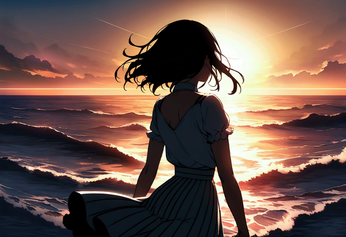 Highly detailed CG Unity 8k wallpaper), coastal，Beautiful young woman in sunny weather, Shouting towards the sea、Back view,skirt, stand、full_body, dramatic, バックLight, Light, Volumetric Lighting, Simple Background、sunset、horizontal line、