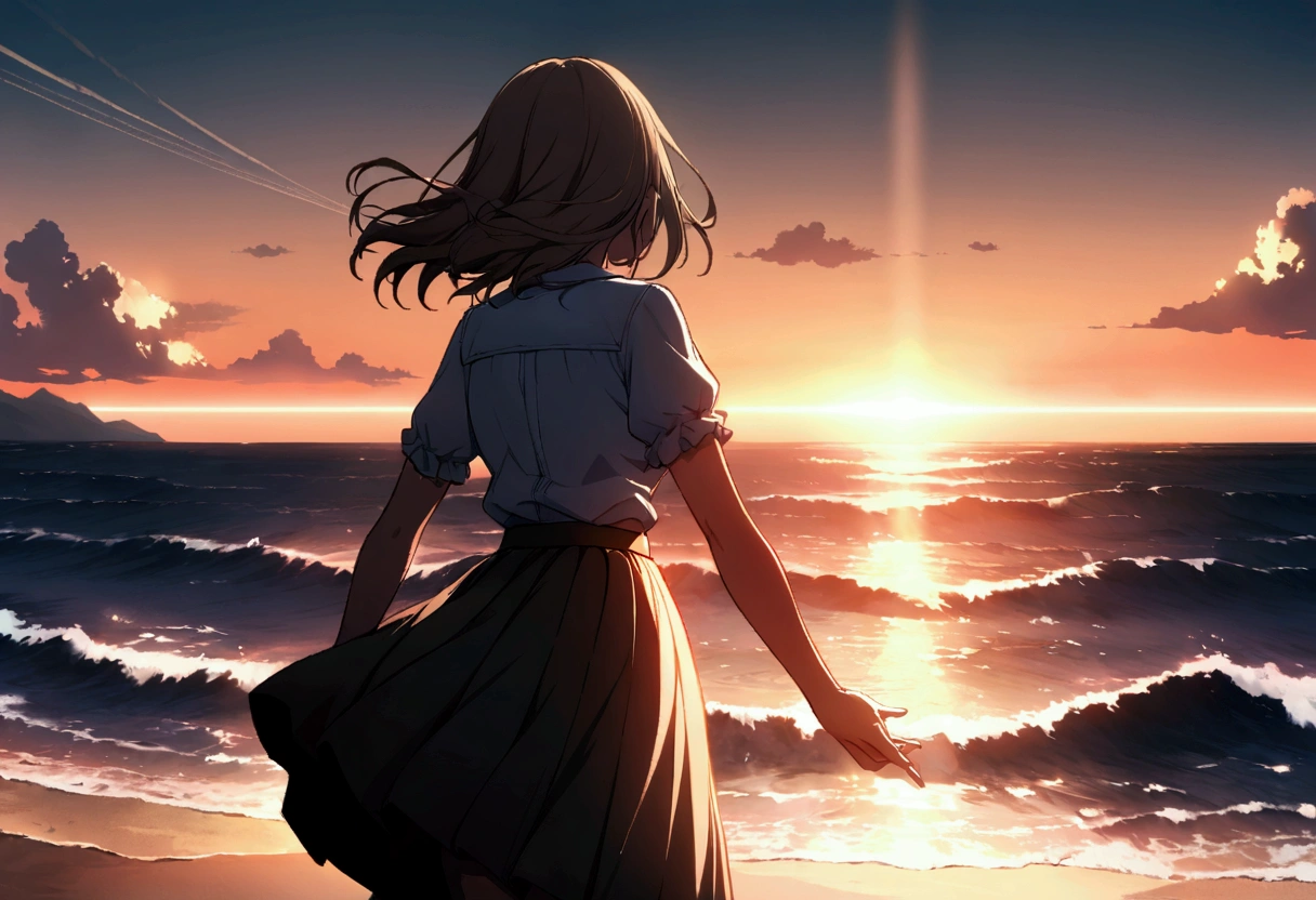 Highly detailed CG Unity 8k wallpaper), coastal,Beautiful young woman in sunny weather, Shouting towards the sea、Back view,skirt, stand、full_body, dramatic, バックLight, Light, Volumetric Lighting, Simple Background、sunset、horizontal line、