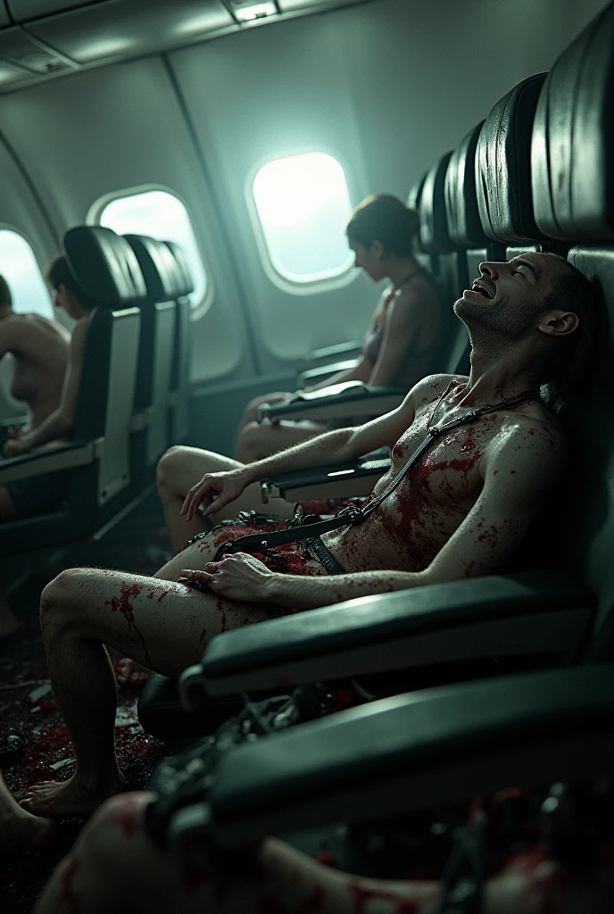 Give me an image in which people inside the plane are tied with seat belts, dead in bad condition, which gives horrible vibe