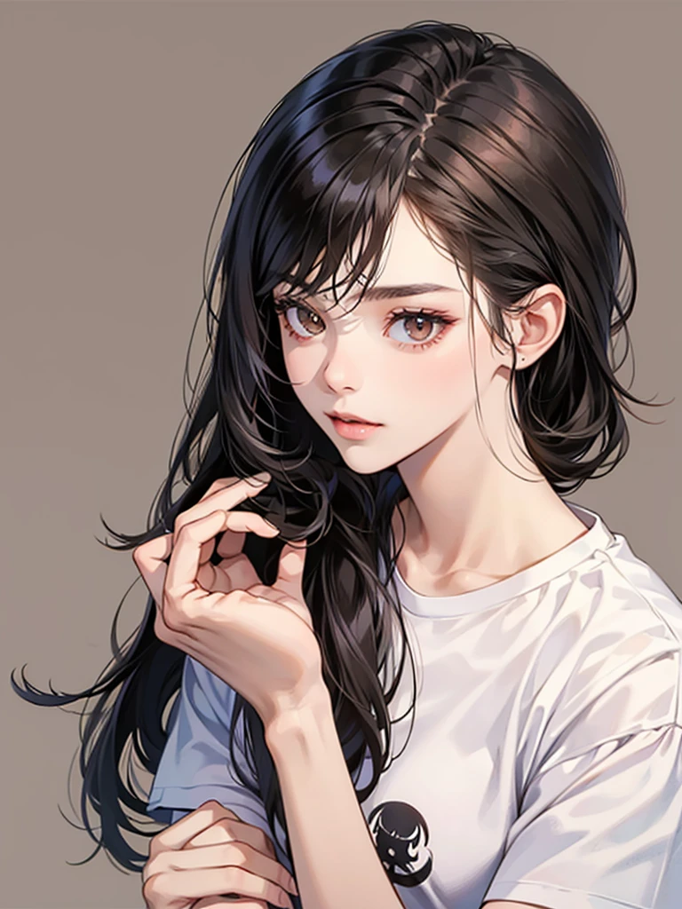 long straight black hair, brown eyes, Sharp features, white skin, perfect, t-shirt, simple background, 1 girl,