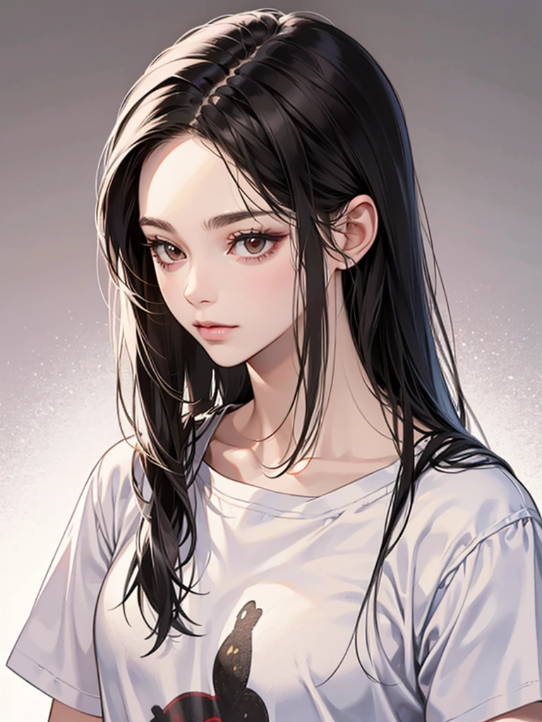 long straight black hair, brown eyes, Sharp features, white skin, perfect, t-shirt, simple background, 1 girl, 