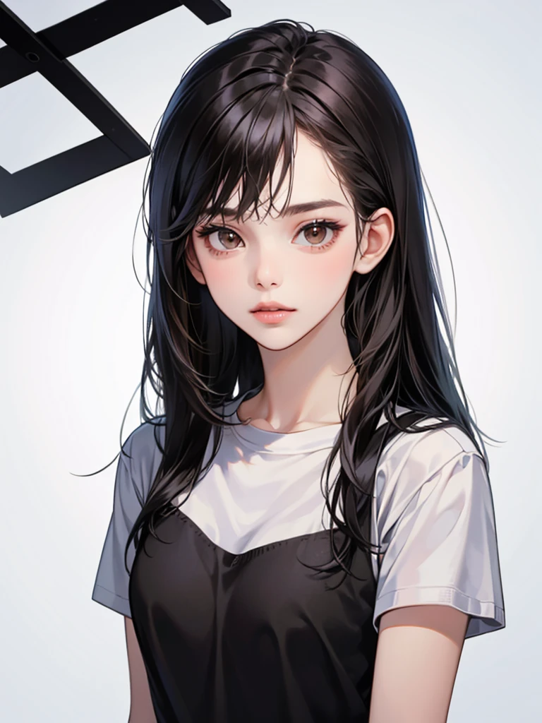 long straight black hair, brown eyes, Sharp features, white skin, perfect, t-shirt, simple background, 1 girl, 