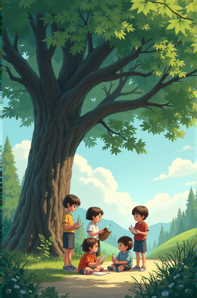 Children studying under a breezy tree drawing