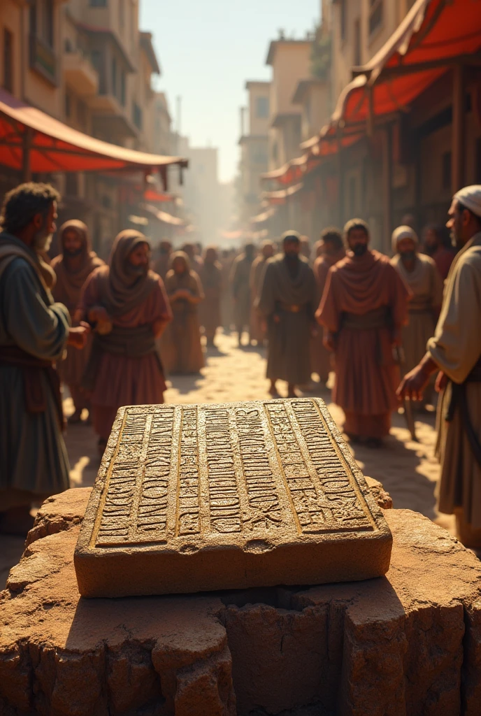 An ancient Lydian tablet with cuneiform writing, surrounded by ancient merchants and traders