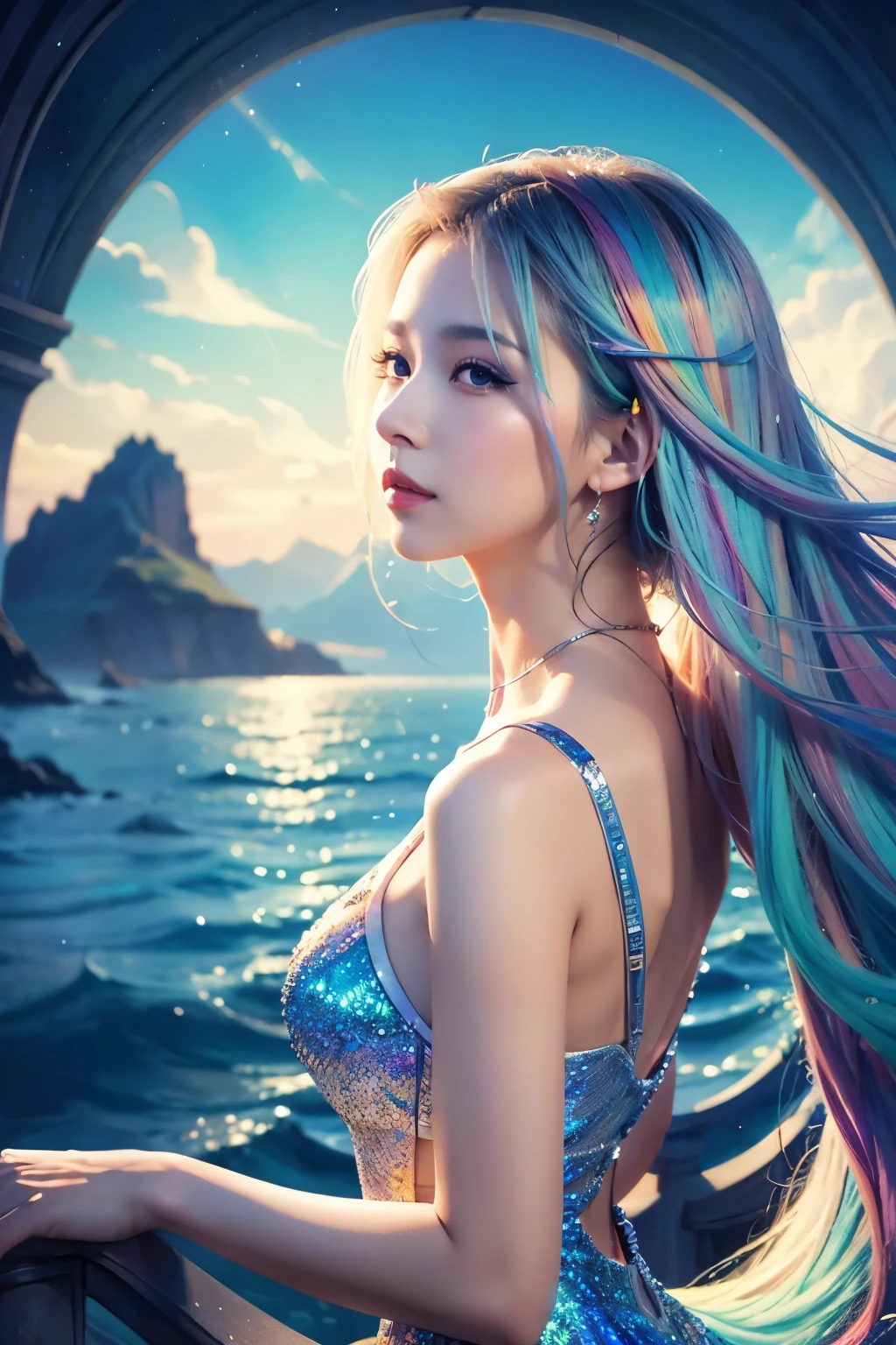 back ground Seven-color background Seven-color sea Rainbow color background(overlay)Beautiful woman dancing in a light blue dress Long hair with silver hair color Digital art Fantasy art Digital fantasy art 2.5D Beautiful A peerless beauty Well-defined facial features Beautiful woman A face that looks like an actress Pretty Fantasy Aesthetics Digital 8K high quality Digital anime art Realistic anime Full body Dancer Rainbow color sea and sky Digital art Digital fantasy art Beautiful woman Beautiful woman Looking at the viewer Accurate expression Perfect reproduction Perfect face