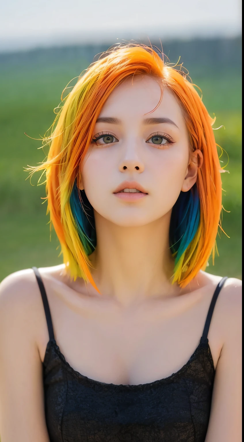 colorful hair, gradient hair, Carrot hair accessories, moles under the eyes, amber eyes, high detail, realism, surrealism, Contemporary art, light, flame, wide angle lens, F/1.2, best quality, award-winning, 8k, super detail, Ultra HD