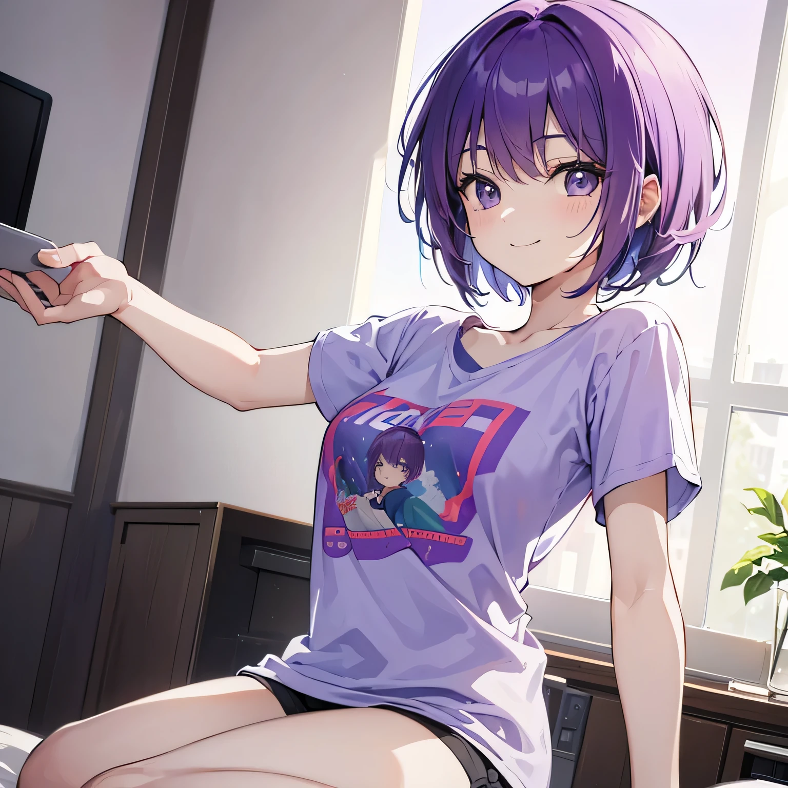 (T Masterpiece，4K wallpaper，Best Quality))、((１people))、(solo)、Bright and Brilliant，(Purple Hair)、(short hair:1.3)、smile、Bedroom、T-Shirts、morning