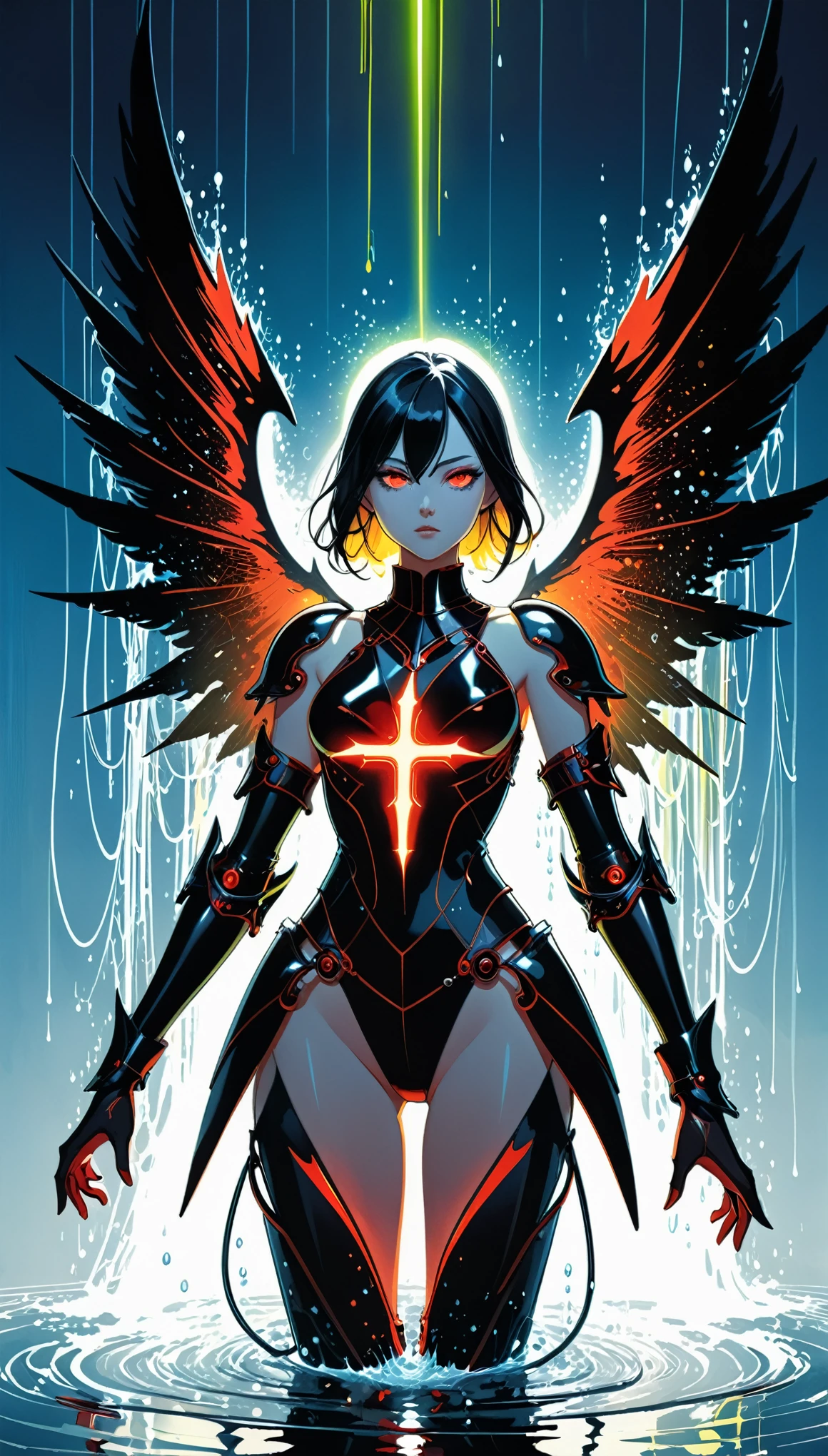 in style of Hans Hartung,in style by Kilian Eng
(1girl,character conceptual design,half body),gravure_pose,red eyes,black wings on back,glowing fluorescent,armor,giant forearm,drops of water,waterline string,irregular light cross spikes,(all eyes know:1.8)