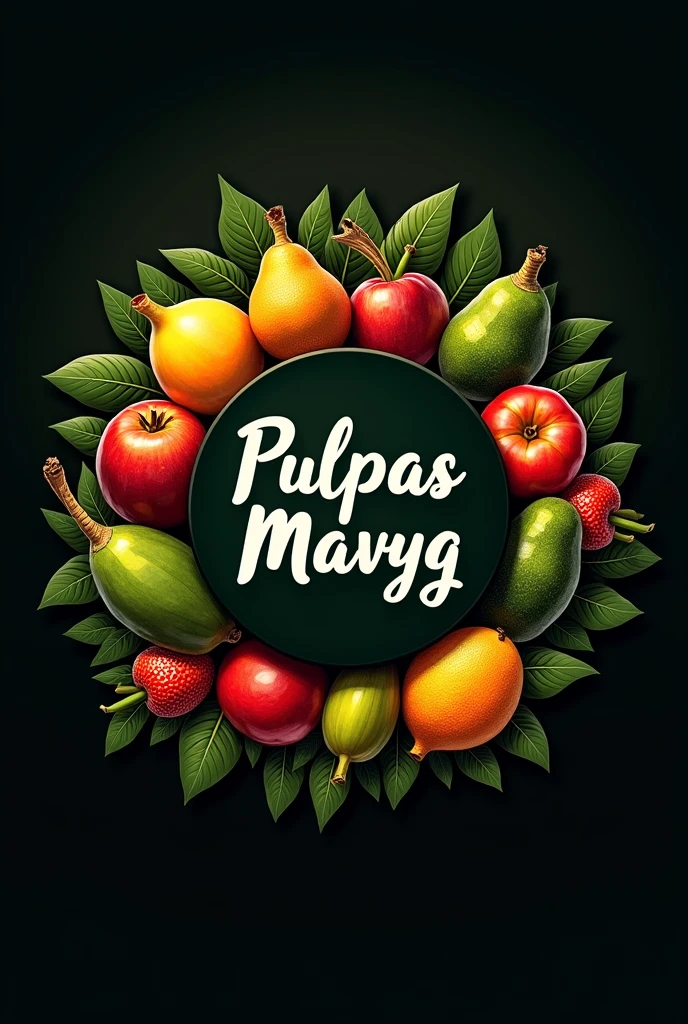 Imagine a rounded logo with the name Pulpas Mavyg and surrounded by Amazonian fruits with a dark background and the slogan 100.% Amazonian Pulps