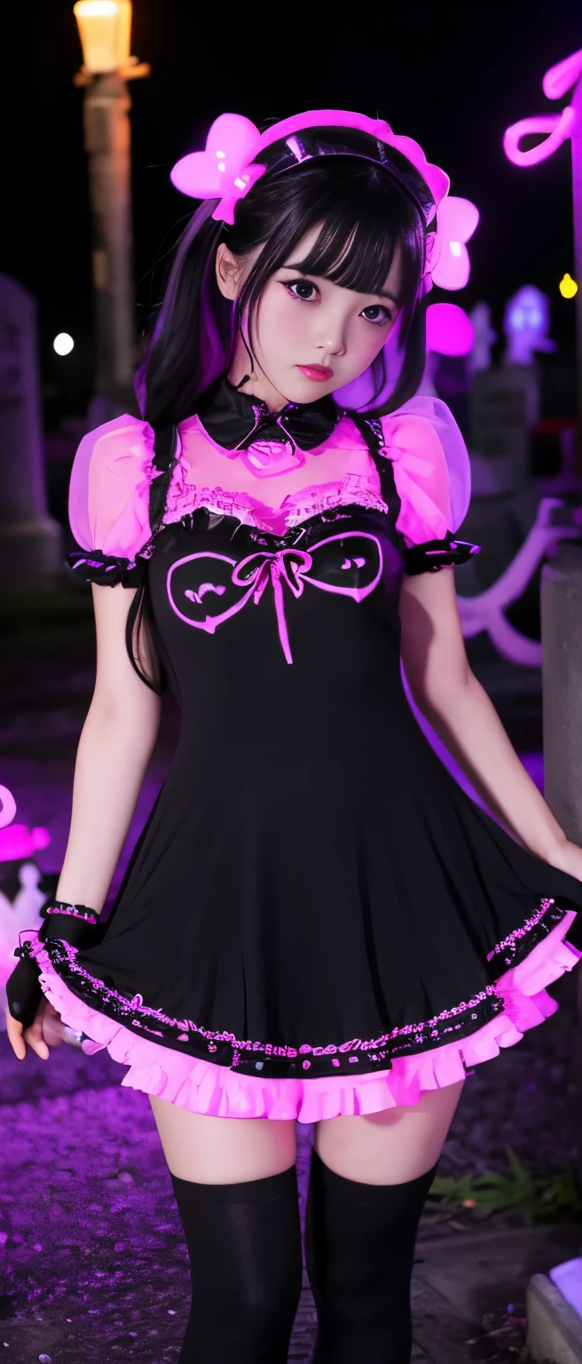 Cute idol girl、whole body、Good style、、、、、、、、、、Thick legs、Ghost Tight Dress Covered in Skulls(Fluorescent pink and black)、Cool girl face、、、A graveyard glowing at night、Skeletons are dancing