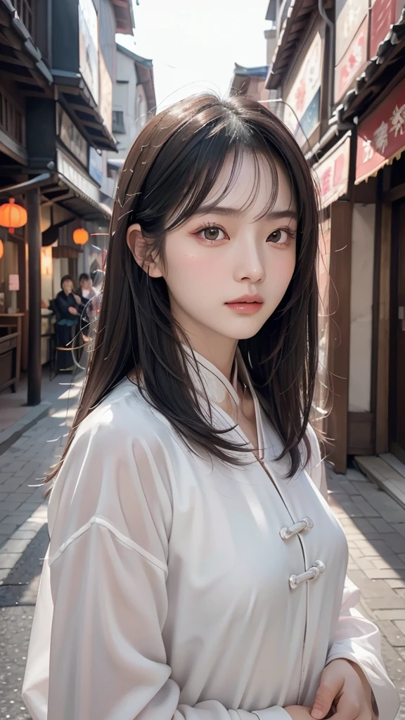 Masterpiece, Best, Night, Full Moon, 1 Female, Mature Woman, Chinese Style, Ancient China, Elder Sister, Royal Sister, Cold Face, Expressionless, Silver White Long Haired Woman, Light Pink Lips, Calm, Intellectual, Three Bangs, Gray Hitomi, Assassin, Long Sword, Swordsman, Fighting, Street View, Facial Details,