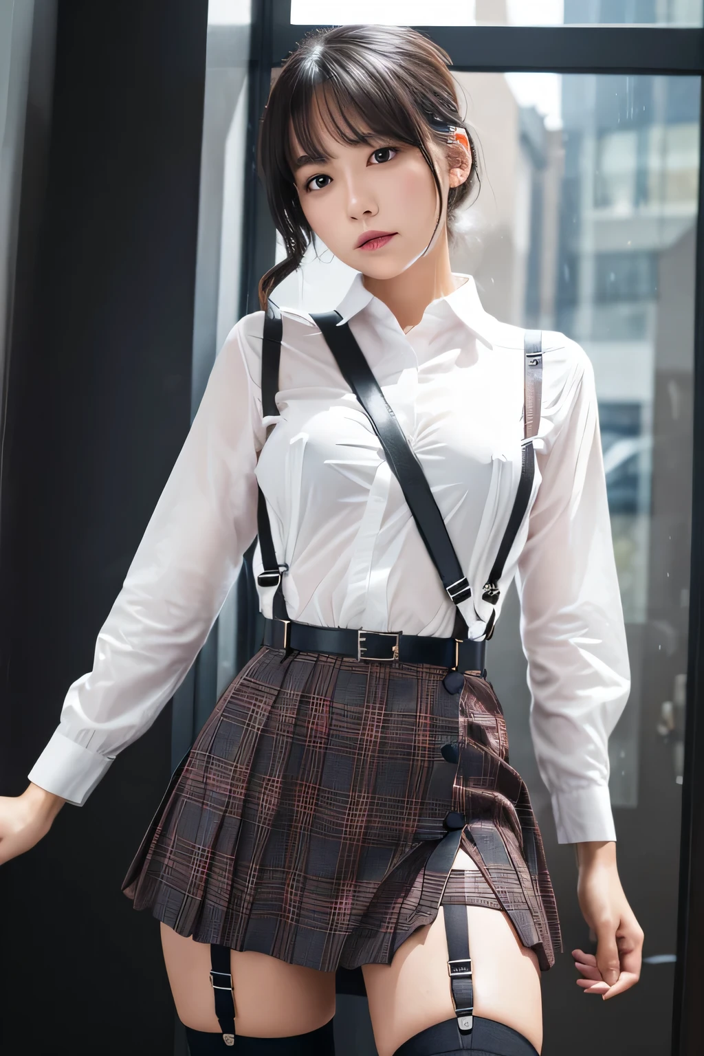 1 female, , high quality, masterpiece, Ultra-high resolution, Cinema Lighting, 1 female, , high quality, masterpiece, Ultra-high resolution, , Cinema Lighting, suspenders Moderate breasts Small face Looking up Sweat Thin belt buzzer 脇Sweat garter belt Belt on pants holster Hands behind your back Looking up Anxious face Knee-high Knee socks Knee-highソックス garter ふとももにgarter belt Checkered mini skirt Panty shot Skirt gap Armament holster holster Hands behind your back Anxious expression Anxious face, legs apart Armament Leg Holster holster See-through clothing heavy rain Rain-soaked dress shirt,Moderate breasts ガーターbelt suspenders Garter on the thigh Checkered mini skirt Looking up Pause belt Armpit sweat Hands behind back Raise your hands