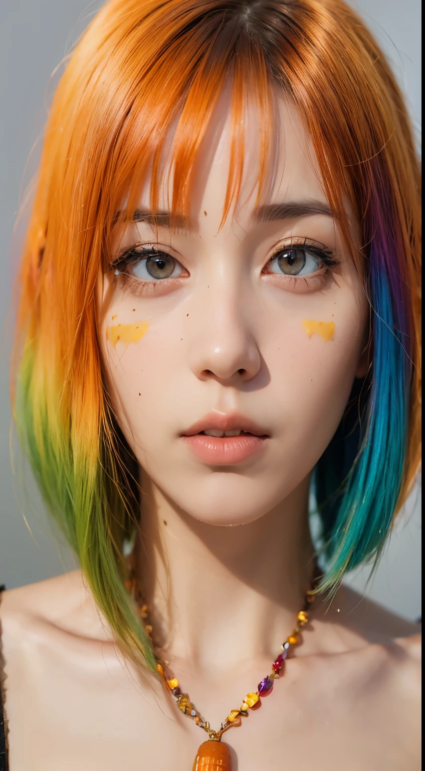 colorful hair, gradient hair, Carrot hair accessory, moles under the eyes, amber eyes, high detail, realism, surrealism, Contemporary art, light, flame, wide angle lens, F/1.2, best quality, award-winning, 8k, super detail, Ultra HD