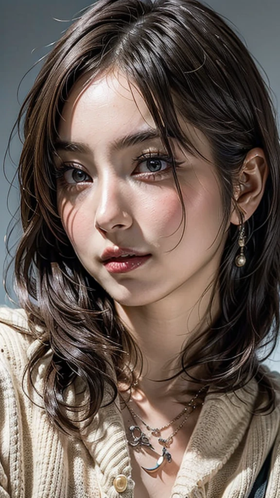 ((Beautiful Face:1.4)), (Purelos Face_v1: 1.0), (Highest quality, 8k, 32K, masterpiece, Ultra-high resolution:1.2),Beautiful Japanese Women Photos, Large Breasts, Very short bob hair,Upper Body,(Extra Large_sweater,:1.1) necklace, Simple Background, Look around,