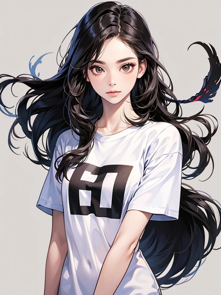 long straight black hair, brown eyes, Sharp features, white skin, perfect, t-shirt, simple background, 1 girl,